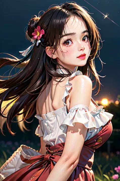 (masterpiece, best quality, 3d, photorealistic:1.2), (close-up of face, upper body:1.2),
1girl, (young, round face:1.6), huge breasts, brown hair, amrs behind back, jirai kei attire, jirai kei,
happy, blush,
outdoor, night, dark, bloom, beautiful grow, milky way, twinkling light particles, fantasy world,