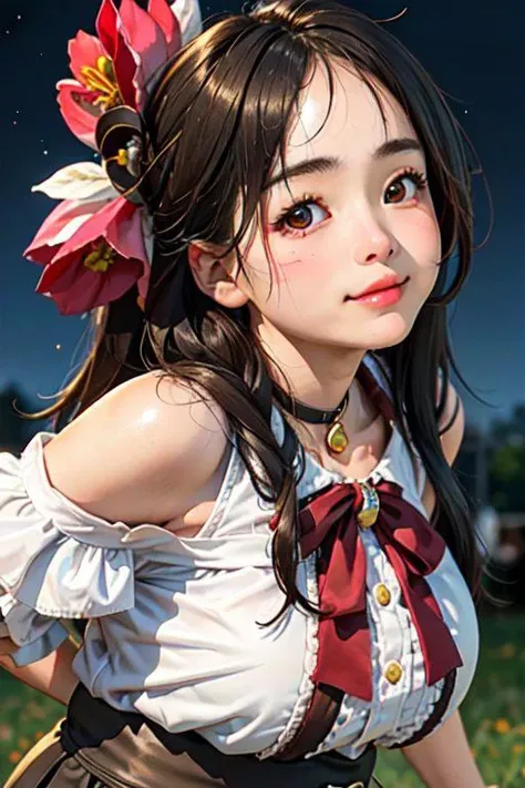 (masterpiece, best quality, 3d, photorealistic:1.2), (close-up of face, upper body:1.2),
1girl, (young, plump, round face:1.4), huge breasts, brown hair, amrs behind back, jirai kei attire, jirai kei,
happy, blush,
outdoor, night, dark, bloom, beautiful grow, milky way, twinkling light particles, fantasy world,