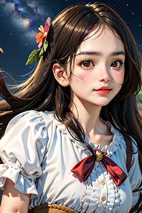 (masterpiece, best quality, 3d, photorealistic:1.2), (close-up of face, upper body:1.2),
1girl, (young, round face:1.6), huge breasts, brown hair, amrs behind back, jirai kei attire, jirai kei,
happy, blush,
outdoor, night, dark, bloom, beautiful grow, milky way, twinkling light particles, fantasy world,