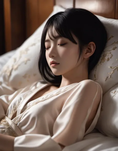 (photo:2),realistic skin detail,japanese beauty,1girl,black hair, realistic, lying, on side, closed eyes, short hair, dress, sleeping, indoors, bed