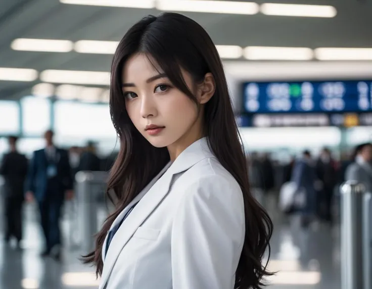 beauty japanese,1girl,face focus,realistic skin texture, airport terminal, skirt suit