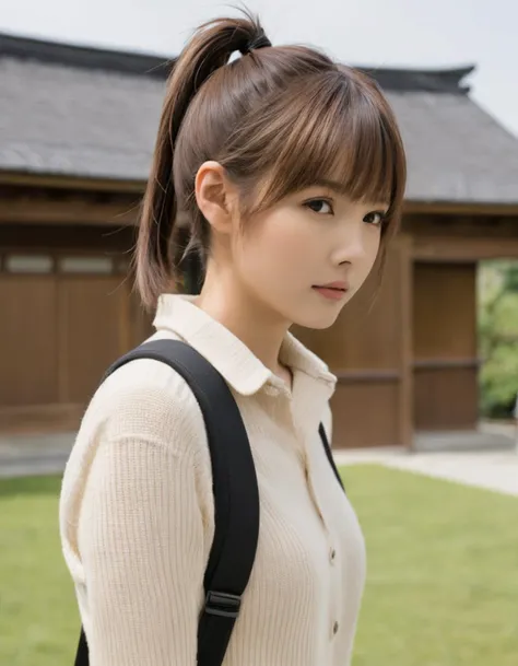 photo,japanese,1girl, short hair, high pony tail,