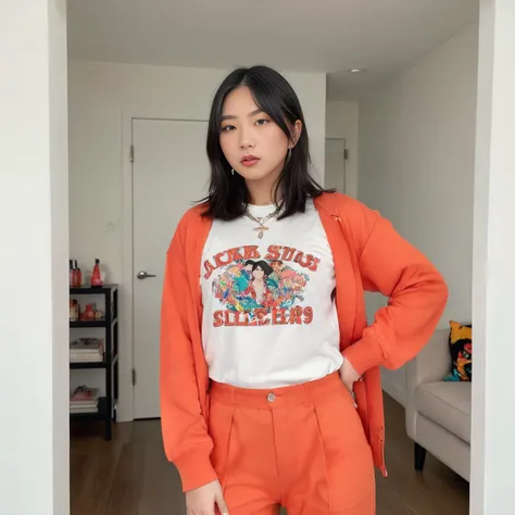 A fashion guru in a close-up view dominates the frame, their home's subtle interior accents framing them as they model the latest in Japanese streetwearâa striking mix of vibrant colors and edgy designs, emphasizing personal style and the intricacies of the attire vvgirl,<lora:vvgirl4:0.55>