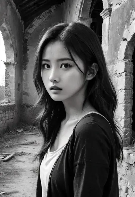 (horror movie sence), black and white photo of a young teenager, three-quarter profile, in front of abandoned monastery,1girl, half-body, close up, dilapidated sence, horror vibe, terrified expression, detailed eyes, (liuyifei), thigh high,