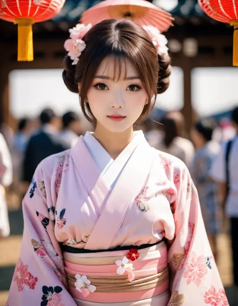 (photo:1.4),japanese beauty,1girl,large breasts,wearing a beautiful yukata, creative pattern on yukata, collarbone, standing in middle of festival, full-face blush