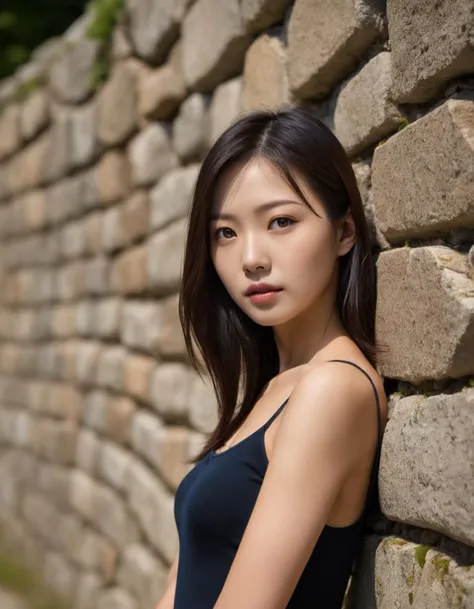 photo,realistic skin detail,japanese beauty,1girl,by the stone wall