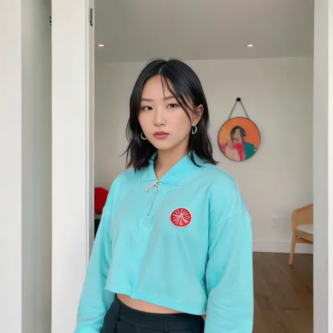 A fashion guru in a close-up view dominates the frame, their home's subtle interior accents framing them as they model the latest in Japanese streetwearâa striking mix of vibrant colors and edgy designs, emphasizing personal style and the intricacies of the attire vvgirl,<lora:vvgirl4:0.55>