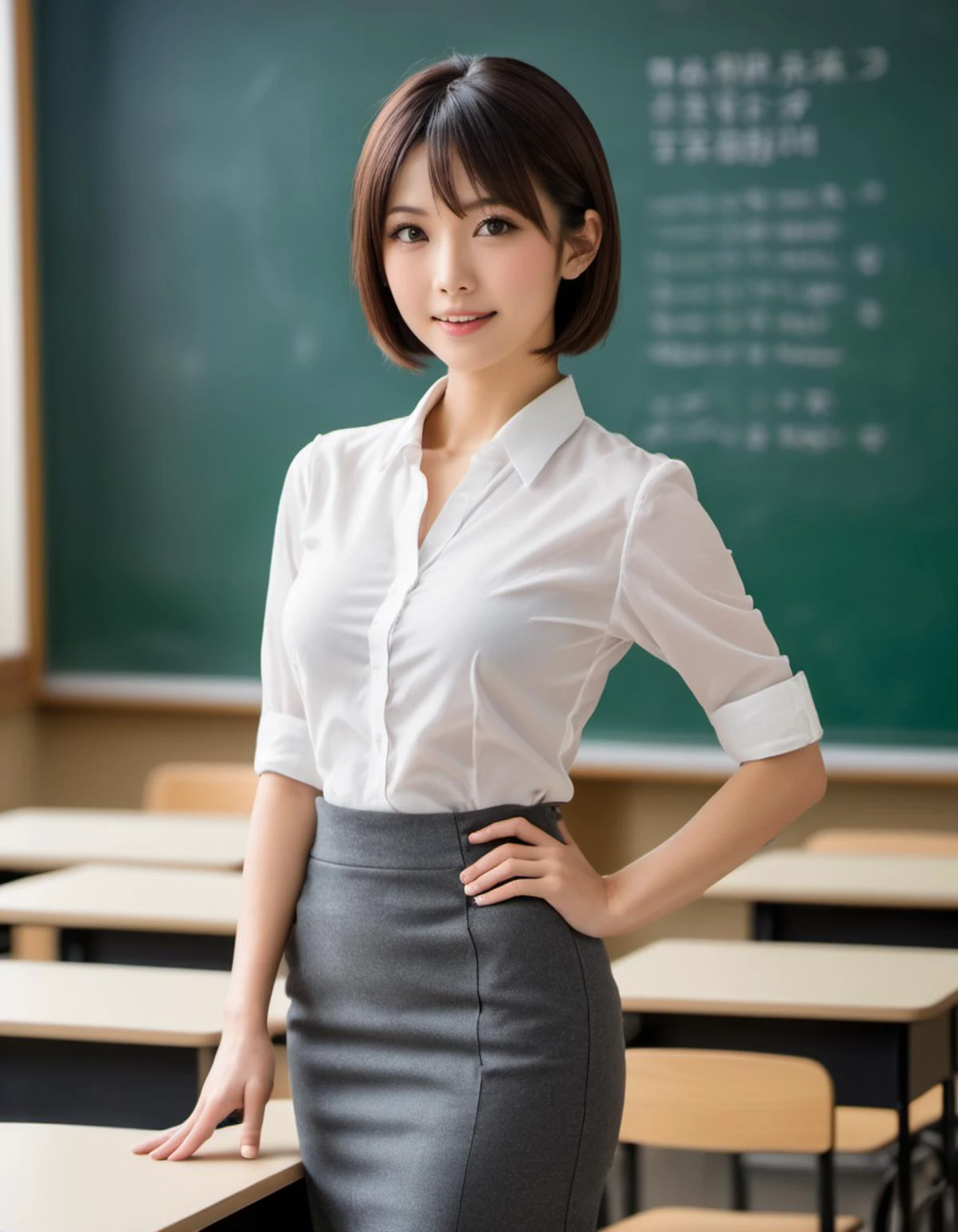 japanese beauty,teacher,necaklace,classroom,against standing by chalkboard, BREAK,from below,looking down,hand on hip,blurry background,