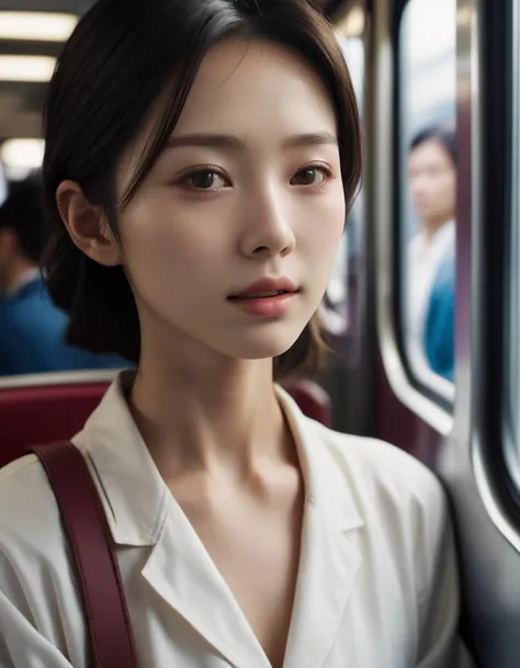 (high resolution detail of human skin texture:1.6),ultra realistic detailed,aesthetic,best quality,(photorealistic:1.2),dynamic angle,elegant,realistic skin detail,
1girl,japanese,in train,crowd