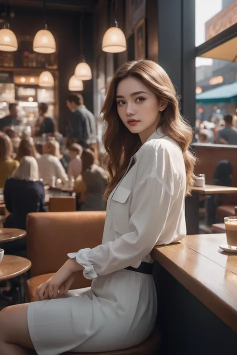 masterpiece,best quality,highres,original,extremely detailed 8k cg wallpaper,detailed,absurdres,Candid shot of a beautiful woman sitting in a busy coffee shop in the big city.,lifted by self,