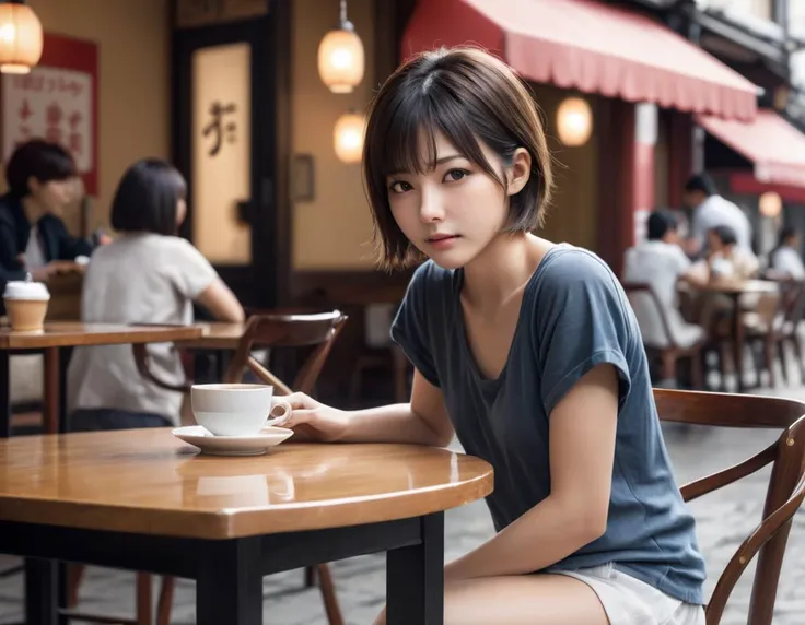 photorealistic,japanese,1girl,face focus,short hair,detailed face,acrossed a table,cafe