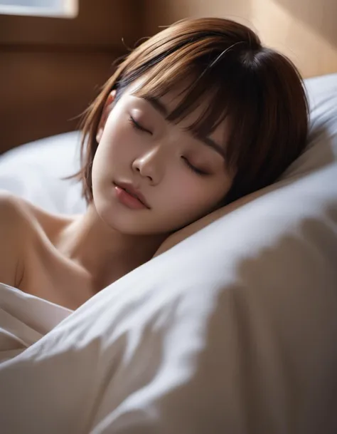 (photo:2.0),realistic skin detail,japanese beauty,1girl,realistic, lying, on side, closed eyes, short hair,see-through, sleeping, indoors, bed