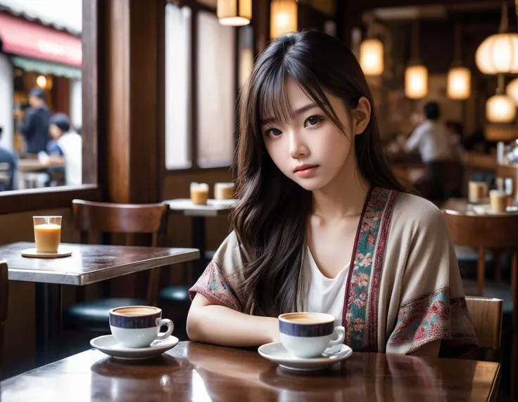 photorealistic,japanese, 1girl,face focus,detailed face,acrossed a table,cafe