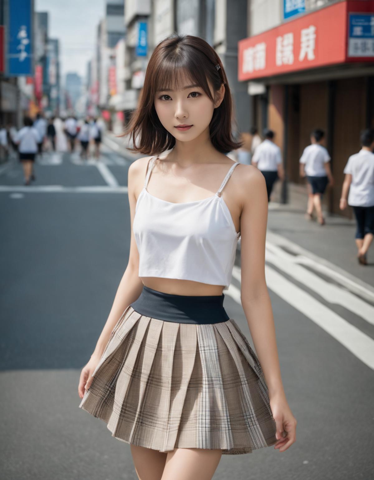 A woman in a skirt is walking down the street - SeaArt AI