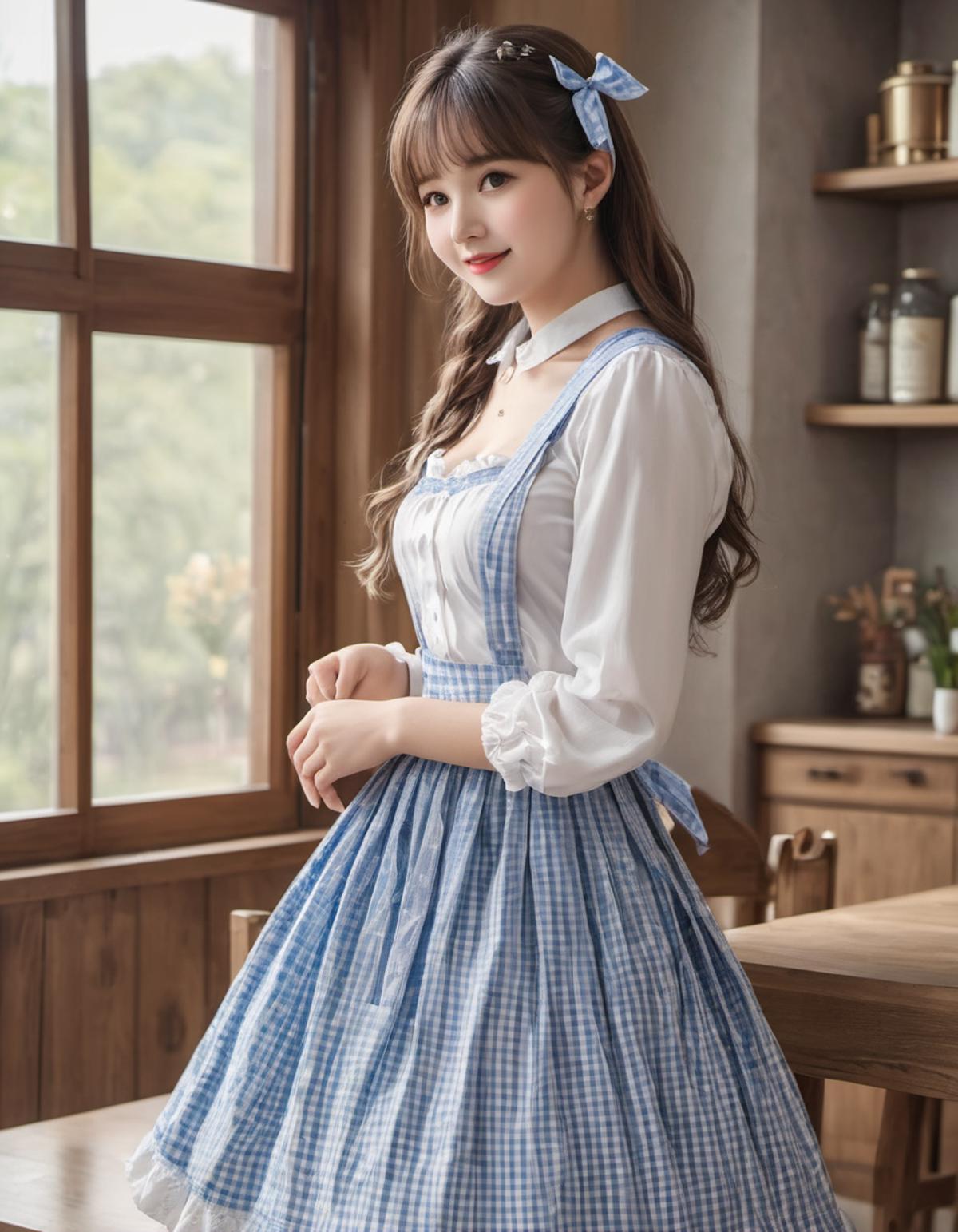 A woman in a blue and white dress standing in front of a window - SeaArt AI