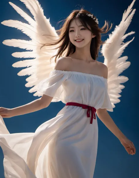 photo,realistic skin detail,japanese beauty,1girl,flying,smile,detailed beauty face,full body,holding angel wings,long dress,off shoulder,dark sky BREAK, backlighting, wind,wind tilt
