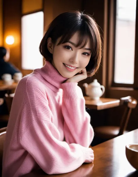 (photo:1.4),japanese beauty,1girl,sweater, smile, looking at viewer, short hair, indoors, pink sweater, pov, sitting, long sleeves, table, restaurant, turtleneck, turtleneck sweater