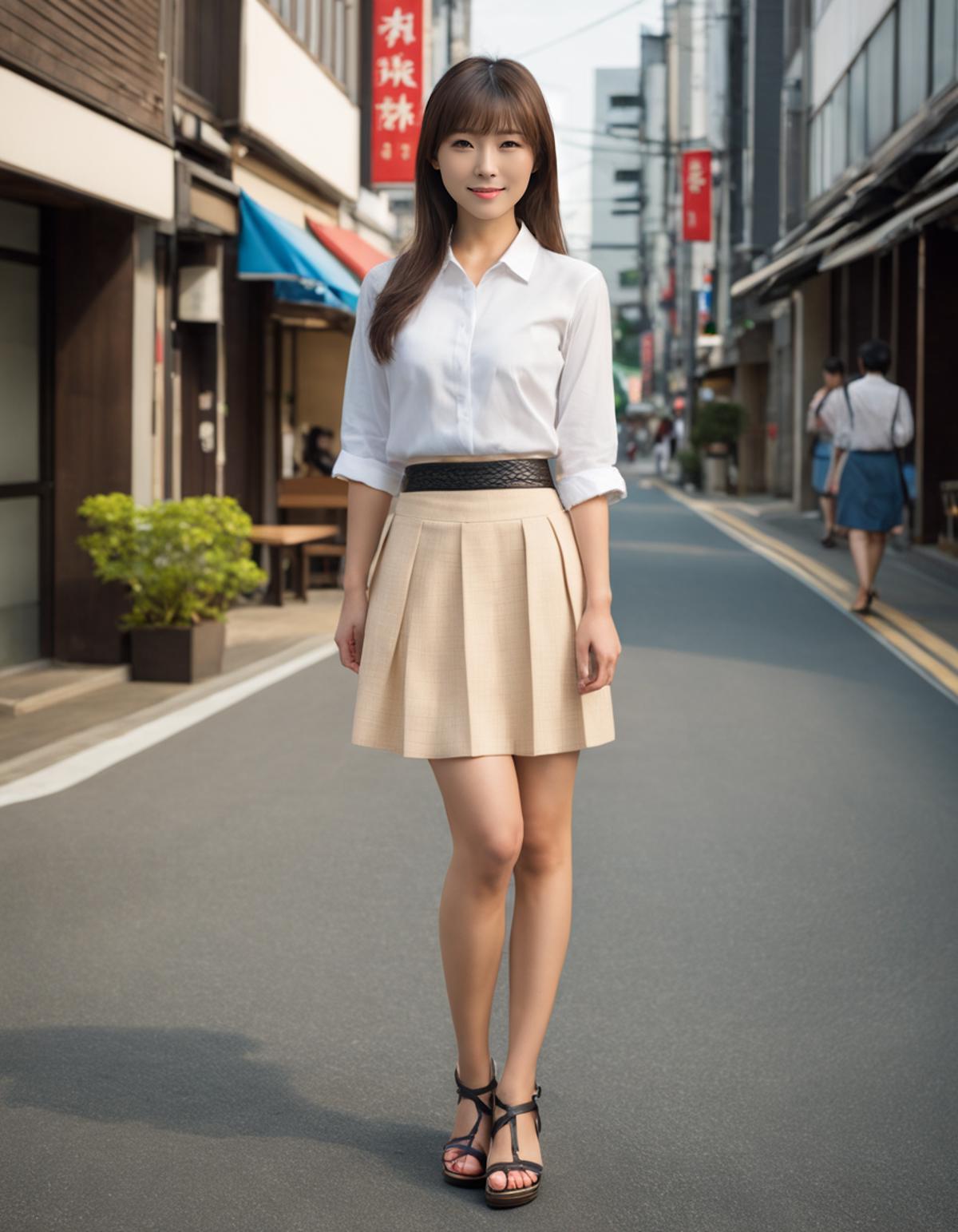 Arafed asian woman in a skirt and shirt standing on a street - SeaArt AI
