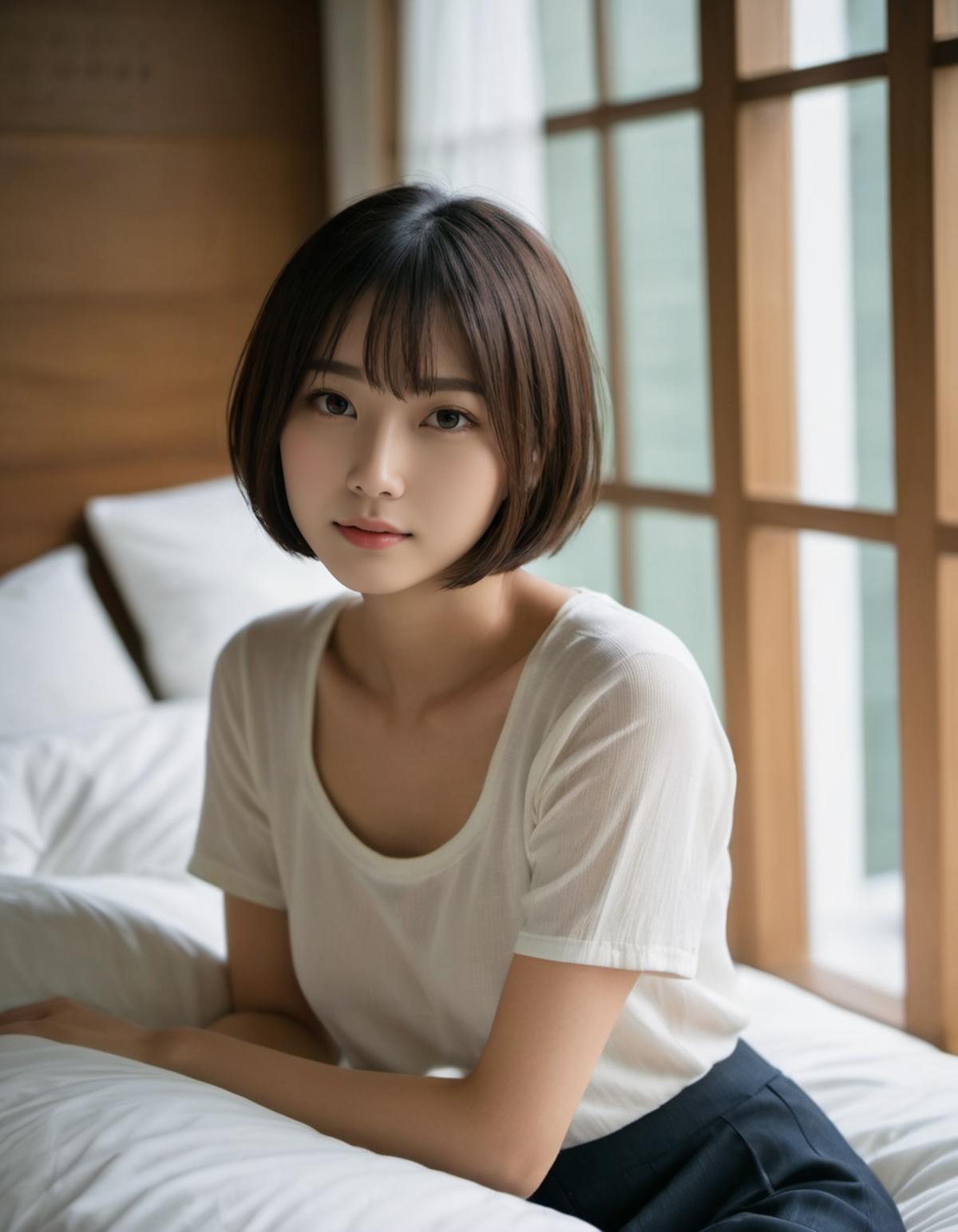 A close up of a woman sitting on a bed with a white shirt - SeaArt AI