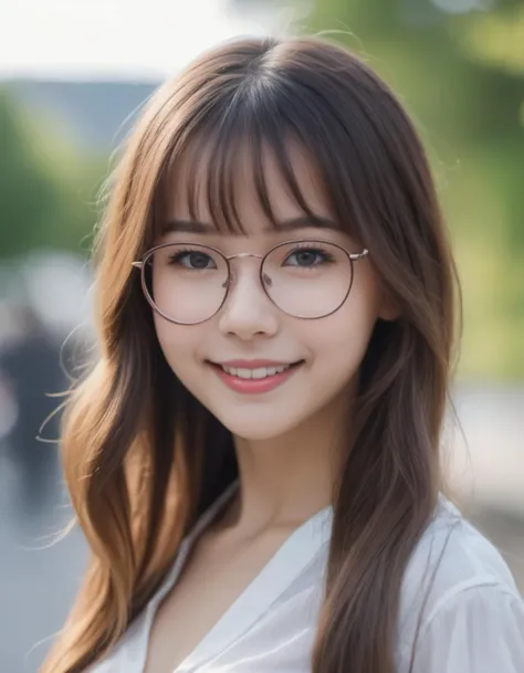 Face of a cute smiling girl with long hair and glasses on a white background, ziprealism