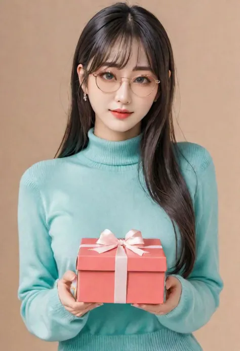 1girl opening gift box, , full of love
parted lips, long hair, hair between eyes, looking at viewer, bangs, aqua hair, turtleneck, glasses