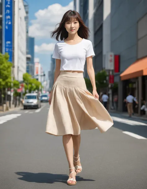 beautiful japanese woman in metropolis,detailed midiskirt,(wind lift:1.1),sandals, high heels, (high resolution detail of human skin texture:1.4,rough skin:1.2),(portrait:1.8),(indirect lighting), walking,wind
