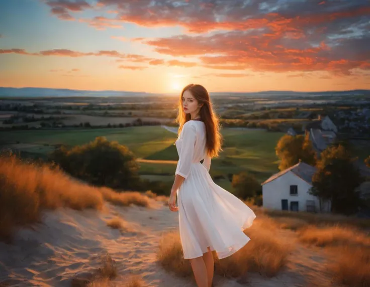 girl, (art by Robert Campin:1.3) , Fiery Akua, Chaos mage, at Sunset, tilt shift, Ultrarealistic, American Scene Painting, Agfacolor, arthouse, beautiful,dynamicpose