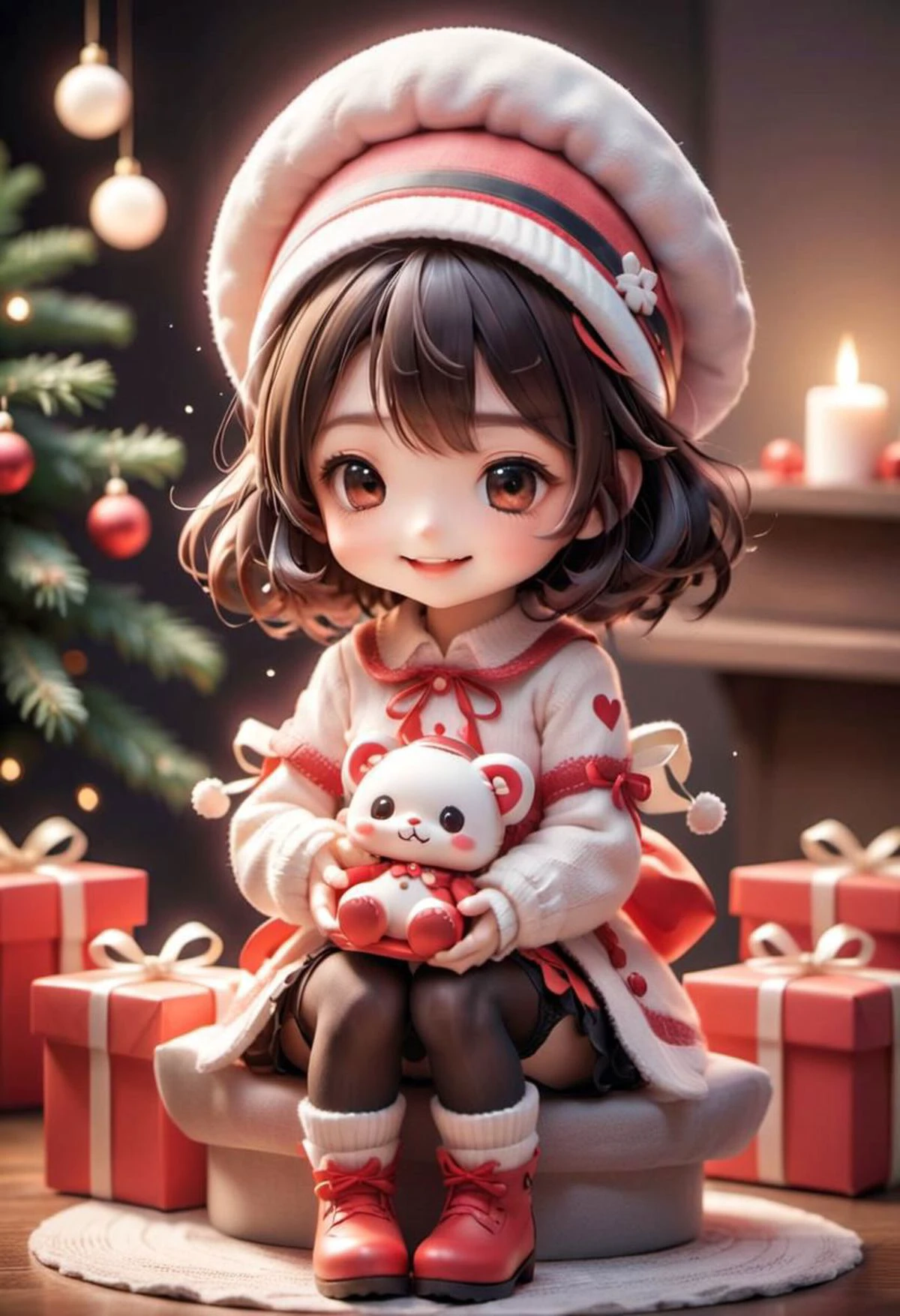 1girl chibi
blush, eye closed. smile, mouth closed
holding a gift
hat
stocking,
sitting
Christmas
warm atmosphere