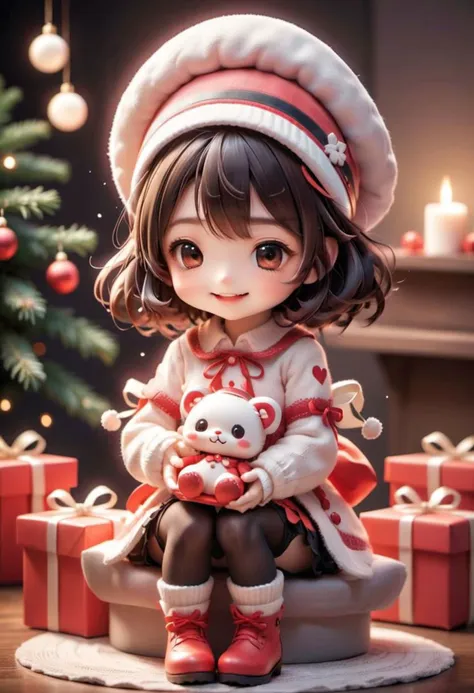 1girl chibi
blush, eye closed. smile, mouth closed  
holding a gift
hat 
  stocking,
sitting 
 Christmas  
warm atmosphere