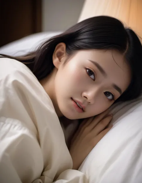 (high resolution detail of human skin texture:1.8),japanese,beautiful woman,pillow hug, black hair, lamp,on bed, realistic,bed sheet, closed mouth, black eyes, holding feet,