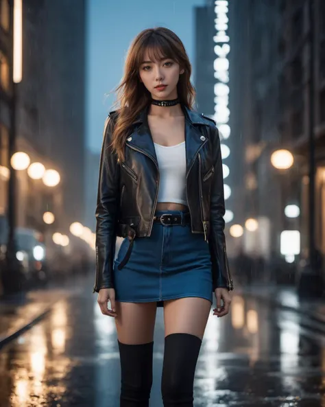 A woman in a black leather jacket and blue skirt standing on a wet ...