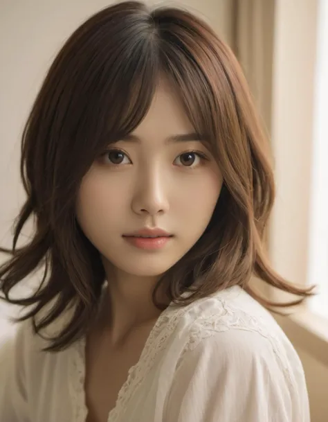 medium (shoulder-length:1.2) wavy hair, japanese girl on bed,cuty face, (high resolution detail of human skin texture:1.4,rough skin:1.2),(portrait:1.8),
(indirect lighting),