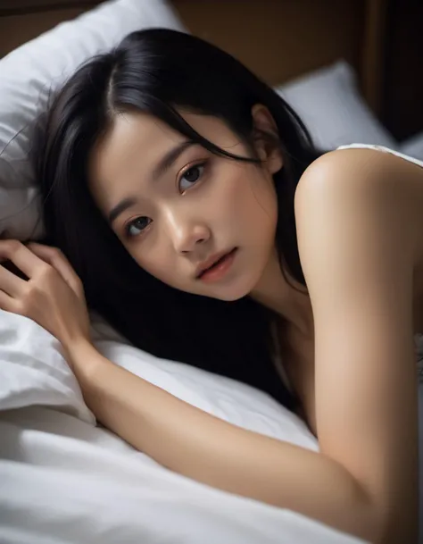 (high resolution detail of human skin texture:1.8),japanese,beautiful woman,pillow hug, black hair, lamp,on bed, realistic,bed sheet, closed mouth, black eyes, holding feet,