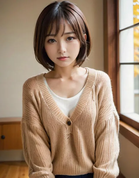 japanese, woman,beauty face, (high resolution detail of human skin texture:1.4,rough skin:1.2),(portrait:1.8),large breasts,casual clothes,looking at viewer,
(indirect lighting), <lora:ayame_LoRA_sdxl_v20b:0.6>,autumn,over sized sweater