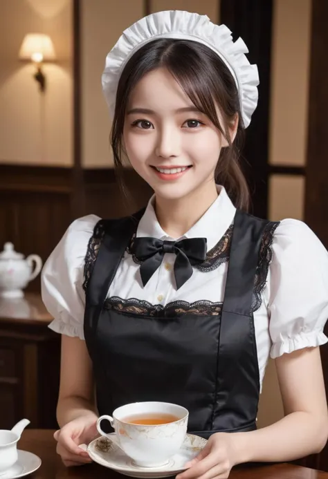 1girl, teen, working in tearoom (white maid apron:1.5) (black lace maid dress,black lace long maid skirt,maid headband,maid bow tie,wrist cuffs,black lace stockings:1.3) BREAK (cute,sweet,smile,bare face,big eyes, open mouth:1.4) black hair, straight hair, long hair BREAK (serve a cup of tea and saucer, dynamic angle:1.5) cowboy shot BREAK japanese, japanese idol, black eyes (best quality, ultra high res, Realistic, RAW photo, real person, portrait photography, photorealistic, detailed skin, fair skin, beautiful detailed eyes) <lora:neg4all_bdsqlsz_xl_V7:0.8>
