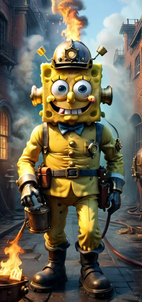 spongebob square fighting fire with watercanon, wearing a fireman suit, portrait, highly detailed, steampunk, fantasy, trending on artstation, character design, sharp focus, illustration, digital matte painting, art by greg rutkowski  <lora:xl_more_art-full_v1:0.9>