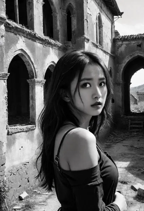 (horror movie sence), black and white photo of a young teenager, three-quarter profile, in front of abandoned monastery,1girl, half-body, close up, dilapidated sence, horror vibe, terrified expression, detailed eyes, (liuyifei), thigh high, dark background, dim, ((holy light on face))