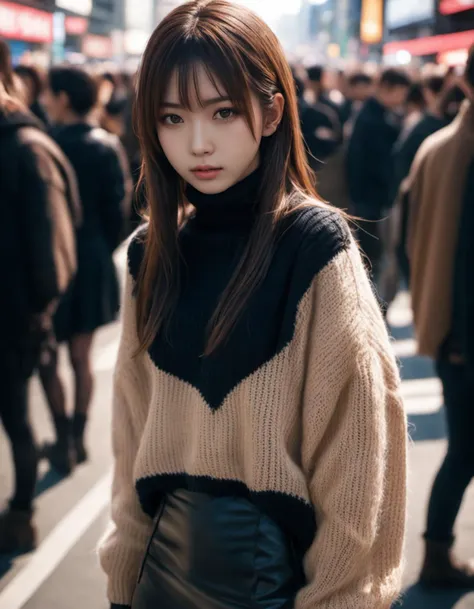 photo,realistic skin detail,japanese beauty,1girl,looking at viewer, Oversized sweater, fishnet tights, combat boots,crowd