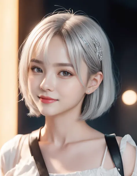 realistic,portrait of a girl,AI language model,silver hair,question answering,smart,kind,energetic,cheerful,creative,with sparkling eyes and a contagious smile,(sliced_bob),