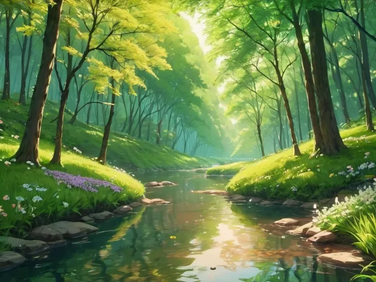 best quality, masterpiece, forest, river, flowers, flat 2D anime style, high contrast,