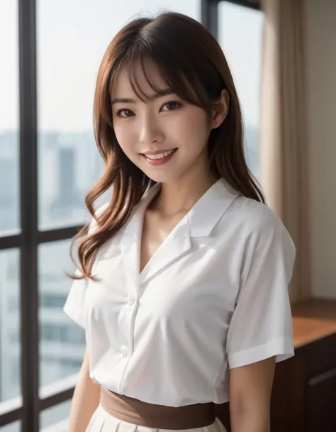 japanese woman in luxury apartment, cute, (high resolution detail of human skin texture:1.4,rough skin:1.2), (brown eyes), (smile:0.7),(portrait:1.8), 
(white shirt and  midi skirt), (indirect lighting), Window light,