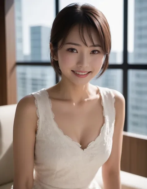 japanese woman in luxury apartment, cute, (high resolution detail of human skin texture:1.4,rough skin:1.2), (brown eyes), (smile:0.7),(portrait:1.8), 
(white sleeveless dress), (indirect lighting), Window light,