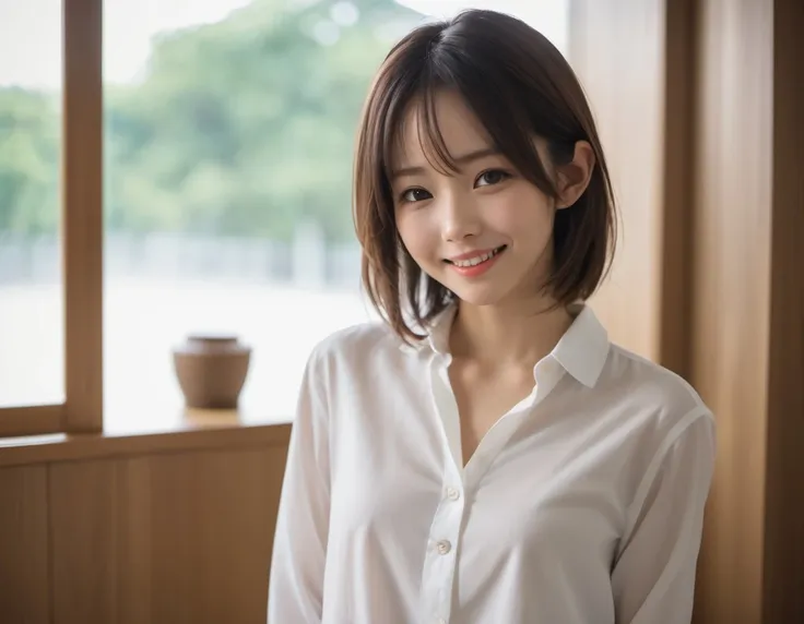 japanese woman, cute, (shy smile), realistic skin texture,
(thin button-up shirt), indoor