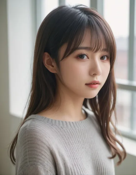 japanese woman, (close-up:2), (natural lighting),wavy hair, bangs, (dark brown eyes),(from side), (downward slanting eyes),pouty,
(gray sweater),(dyanmic posing)
(see-through curtain, bright room)