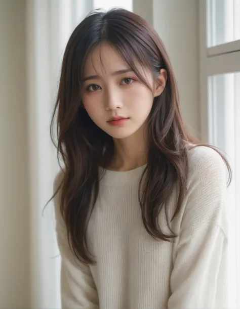 japanese woman, (close-up:2), (natural lighting),wavy hair, forehead, (dark brown eyes),(from side), (downward slanting eyes),pouty,
(white sweater),(dyanmic posing)
(see-through curtain, bright room)