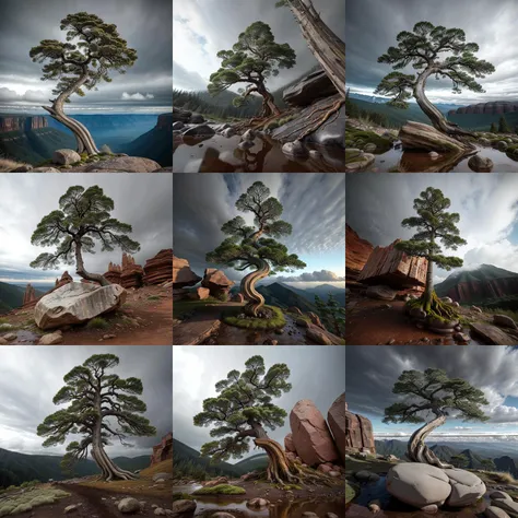 realistic, RAW,8K,4K
tree, dead pine tree,
strange shape,
tall and strong trunk,
(Thick leaves:1),
rock,dirt ground,grass,cliff,
outside, (cloud sky,rain,mountain:1),wet ground,
wind, <lora:Bonsaitree:0.4>