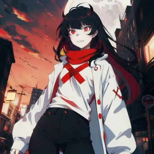 , masterpiece, Highest Quality, Highest Resolution, perfect background, perfect perspective, sharp image, perfect details, perfect lighting, perfect shadows, Perfect lighting, Best background, perfect anime, perfect cartoon, 1girl, multicolored hair, horns, red eyes, white shirt, black jacket, red hair, colored inner hair, red scarf, black pants, fangs, bangs, scythe, night, moon, in city streets, deadly,