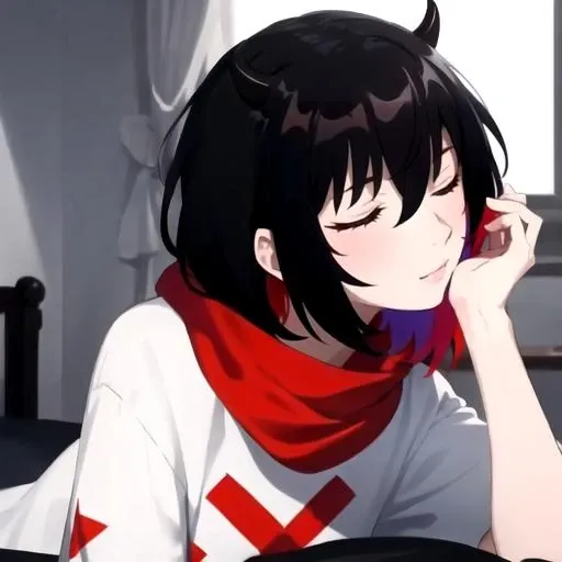 Girl with black hair on a bed looking at the camera showing her vagina