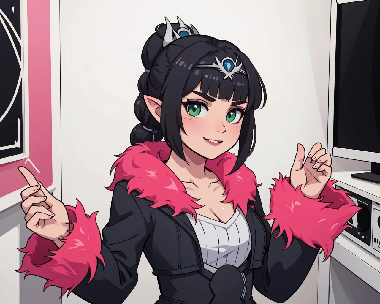 1girl, solo, Mythra \(xenoblade\), Bright blonde long hair, chest jewel, glowing green trim accents, (smile), high quality, best quality, highres, high detail, hotel room, wearing shirt, jeans, portrait, upper body <lora:Outfit_hud-HotPinkFurLatexCoat:0.8> dkco4t1, black latex coat, pink fur, full body shot, <lora:Char_bg3-ShadowheartbyDocS-LORA:0.8> dsshadowheart, black hair, long hair, ponytail, bangs, braid, hair ornament, pointy ears, green eyes, circlet,