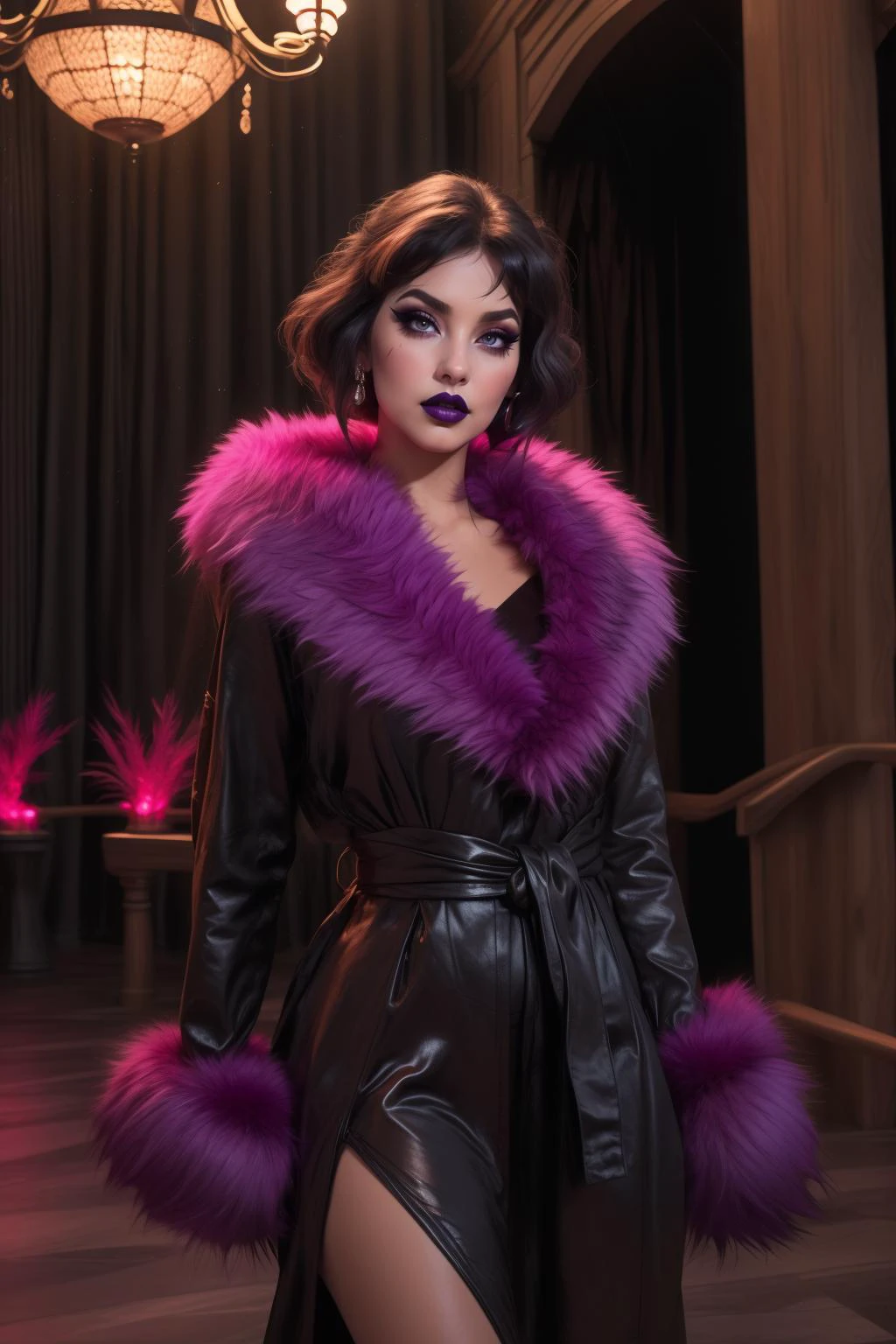 adult mature woman, age 30, high quality, eyeliner, eyeshadow, makeup, purple lips best quality, highres, high detail, atmospheric lighting,afterglow, rim lighting, shadows, volumetric lighting, textured skin <lora:Outfit_hud-HotPinkFurLatexCoat:0.7> DKCo4t1, purple fur, (indoors, grand hall, Great Hall backdrop)